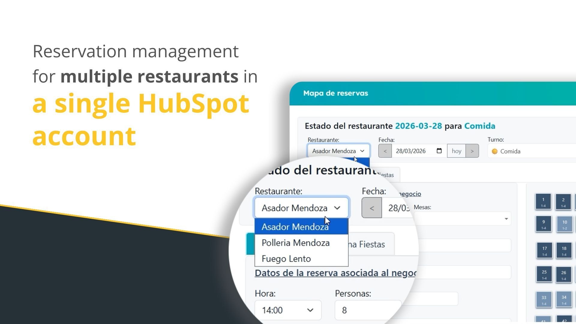 Reservation management for multiple restaurants in a single HubSpot account